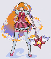 1girl bow closed_mouth e.g.o_(project_moon) flaw_eight full_body gradient_hair hair_bow in_the_name_of_love_and_hate_(e.g.o) ishmael_(project_moon) limbus_company lobotomy_corporation long_hair magical_girl multicolored_hair orange_hair pink_shoes pink_vest project_moon shoes smile solo thighhighs two_side_up very_long_hair vest white_bow white_thighhighs