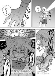 1girl blood bow bowtie bug_bite close-up closed_mouth clutching_head comic commentary_request dress_shirt flashlight furrowed_brow greyscale highres holding holding_flashlight long_sleeves looking_down mado_(mukade_tou) maggot monochrome motion_blur original pain raised_eyebrows scared school_uniform scratching shirt short_hair solo sweat translation_request wavy_mouth wide-eyed