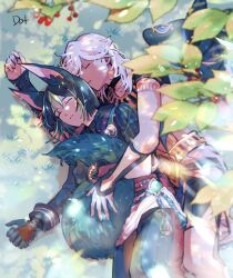 2boys animal_ear_fluff animal_ears artist_name black_gloves black_hair black_pants black_shirt blunt_ends blurry choker closed_eyes closed_mouth cyno_(genshin_impact) dappled_sunlight dark-skinned_male dark_skin day fox_boy fox_ears fox_tail genshin_impact gloves grass green_hair hair_between_eyes highres holding_own_tail hug hug_from_behind jewelry korean_commentary leaf long_sleeves lying male_focus multicolored_hair multiple_boys on_back on_grass on_side outdoors pants parted_lips shirt short_hair short_sleeves shorts sleeping streaked_hair sunlight tail tassel tighnari_(genshin_impact) to_dot_ vision_(genshin_impact) white_hair yaoi