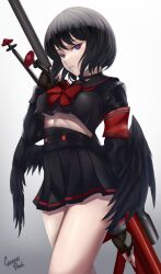 1girl absurdres armband artist_name black_choker black_gloves black_hair black_serafuku black_skirt black_wings blue_archive bow breasts caiman_pool choker commentary fingerless_gloves gloves gradient_background highres holding low_wings mashiro_(blue_archive) pink_hair pleated_skirt purple_eyes red_armband red_bow school_uniform serafuku skirt solo teeth underboob wings