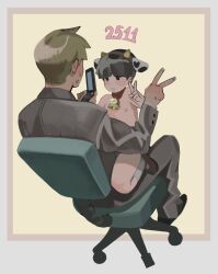 2boys absurdres age_difference anheng3ll animal_ears bell black_eyes black_hair blunt_bangs blush buttoned_cuffs buttons cellphone character_age flip_phone formal_clothes grey_suit highres horns kageyama_shigeo long_sleeves male_focus mob_psycho_100 multiple_boys nipples onii-shota pants phone reigen_arataka shoes short_hair shota simple_background smile suit v yaoi