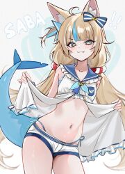 1girl bikini blonde_hair blue_bikini blue_eyes blue_hair breasts closed_mouth clothes_lift dress dress_lift fang fins fish_girl fish_tail highleg highleg_bikini highres indie_virtual_youtuber lifting_own_clothes long_hair looking_at_viewer low_twintails multicolored_hair navel ompf sameko_saba short_shorts shorts side-tie_bikini_bottom small_breasts streaked_hair swimsuit tail twintails very_long_hair virtual_youtuber white_shorts