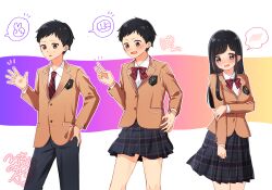 1boy 1girl black_hair black_pants blush bow bowtie breasts brown_cardigan brown_eyes cardigan commentary commission crossdressing embarrassed genderswap genderswap_(mtf) hand_on_own_arm highres long_hair medium_breasts necktie open_mouth original pants pleated_skirt red_bow red_bowtie red_necktie rock_paper_scissors sashimi_(hitocelll) school_uniform sequential skeb_commission skirt surprised transformation transforming_clothes