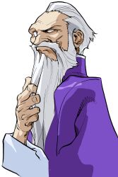 Rule 34 | 1boy, beard, bengus, capcom, facial hair, game cg, gen (street fighter), highres, long beard, male focus, no eyebrows, no pupils, non-web source, official art, old, old man, portrait, raised eyebrow, short hair, simple background, solo, street fighter, street fighter zero (series), stroking beard, upper body, white background, white beard, white eyes, white hair