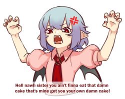 Rule 34 | 1girl, anger vein, arms up, ascot, bat wings, blue hair, brooch, claw pose, commentary, cropped torso, dress, english commentary, english text, engrish text, fangs, female focus, hair between eyes, jewelry, looking at viewer, nail polish, no headwear, open mouth, pink dress, pointy ears, ranguage, red ascot, red eyes, red nails, remilia scarlet, short hair, simple background, solo, touhou, upper body, v-shaped eyebrows, white background, wing collar, wings, yoruny