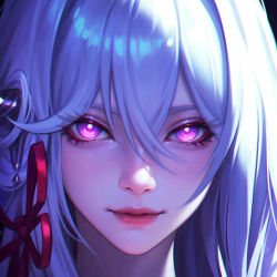 Rule 34 | 1girl, black horns, bright pupils, chromatic aberration, closed mouth, commentary request, glowing, glowing eyes, hair between eyes, hair ribbon, honkai (series), honkai impact 3rd, horns, long hair, looking at viewer, pink lips, portrait, purple eyes, realistic, red ribbon, ribbon, side horns, single horn, solo, thelema nutriscu, white hair, white pupils, wo jiushi kanbudong