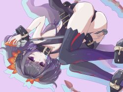 1girl belt black_choker bracelet braid choker commission flower hair_flower hair_ornament highres jewelry looking_at_viewer maru_run mole mole_under_eye nail_polish open_mouth purple_background purple_eyes purple_hair red_nails revealing_clothes sideless_outfit solo symonne_(tales) tales_of_(series) tales_of_zestiria thighhighs thighs twintails upside-down