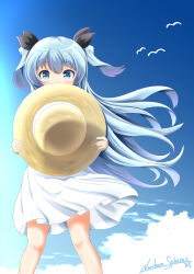 1girl black_bow blue_eyes blue_sky bow cloud day dress feet_out_of_frame hair_bow hat highres holding holding_hat holding_unworn_clothes long_hair looking_at_viewer noel_(sora_no_method) outdoors sky solo sora_no_method standing stargazer_hope straw_hat two_side_up unworn_hat unworn_headwear very_long_hair white_dress