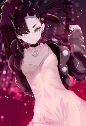 1girl arm_up asymmetrical_bangs bicio black_choker black_hair black_jacket black_nails choker commentary dress earrings eyelashes green_eyes hair_over_one_eye hand_up highres jacket jewelry long_sleeves looking_at_viewer marnie_(pokemon) medium_hair nail_polish nintendo open_clothes pink_dress pokemon pokemon_swsh solo watermark web_address