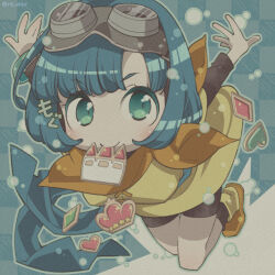 1girl aqua_eyes arms_up bike_shorts bike_shorts_under_skirt black_shirt black_shorts black_socks blue_hair blue_sash blunt_bangs bob_cut bracelet checkered_background chibi colored_eyelashes commentary_request cookie dragon_quest dragon_quest_x food food_in_mouth goggles goggles_on_head heart heart-shaped_food jewelry looking_at_viewer looking_to_the_side neckerchief orange_neckerchief orange_shoes sash seraphy_(dq10) shirt shoes short_hair shorts smile socks solo tunic utsubushi_satsuki yellow_tunic