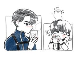 2boys black_hair blush bodysuit c0pat closed_eyes commentary_request cup disposable_coffee_cup disposable_cup diving_suit drinking english_text eoduun_badaui_deungbul-i_doeeo holding holding_cup korean_commentary lab_coat long_sleeves male_focus multiple_boys otter park_moo-hyun parted_bangs shin_hae-ryang short_hair simple_background steam upper_body wetsuit white_background