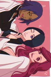 3girls black_hair bleach bleach:_sennen_kessen-hen blue_eyes breasts cleavage dark-skinned_female dark_skin highres hikifune_kirio large_breasts long_hair multiple_girls purple_hair shihouin_yoruichi strikek-lvvjm27 unohana_retsu