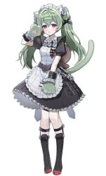 1girl absurdres animal_ears animal_hands apron bow bracelet cat_ears cat_paws cat_tail chain corin_wickes green_hair highres jewelry maid maid_apron maid_headdress nez_(nez_0_0) purple_eyes solo stuffed_toy tail twintails white_background zenless_zone_zero