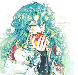 Rule 34 | 12ko to, 1girl, :d, absurdres, apple, bare shoulders, blue hair, character name, coat, curly hair, dress, fang, food, fruit, green eyes, grey dress, hand up, highres, hissabeth, holding, holding food, holding fruit, long hair, looking at viewer, open mouth, red pupils, reverse:1999, sleeveless, sleeveless dress, smile, snake, snake on head, solo, sparkle, upper body, white background, white coat