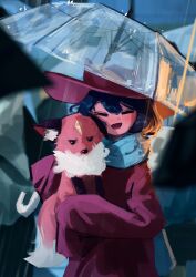1girl 1other androgynous animal animal_ear_fluff animal_hat animal_nose black_ears black_fur blue_hair blue_scarf brown_coat brown_hat cat_hat closed_eyes coat commentary english_commentary fox fox_tail hat holding holding_animal holding_umbrella jitome medium_hair neck_fur niko_(oneshot) oneshot_(game) open_mouth open_umbrella orange_fur outdoors rain rue_(oneshot) scarf shadches72 sleeves_past_fingers sleeves_past_wrists smile tail transparent transparent_umbrella umbrella upper_body white_fur