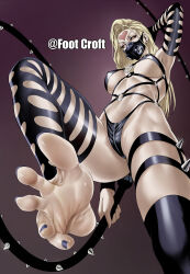 1girl absurdres arm_up armpits barefoot black_nails black_sclera blonde_hair bondage_outfit breasts character_name collar colored_sclera dominatrix elbow_gloves facial_mark feet foot_croft foot_focus forehead_mark foreshortening from_below gloves highres holding holding_whip kaijin_hime_do-s large_breasts long_hair looking_at_viewer looking_down mask mouth_mask nail_polish navel o-ring one-punch_man red_eyes single_thighhigh skindentation soles solo spiked_collar spikes thigh_strap thighhighs toenail_polish toenails toes underboob whip