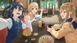 3girls :o absurdres ahoge amamiya_satsuki_(mono) bad_tag bench black_hair blonde_hair blue_bow blue_bowtie blue_eyes blue_ribbon blue_sailor_collar blue_scrunchie blue_vest blush bottle bow bowl bowtie brown_hair brown_sweater brown_sweater_vest buttons chopsticks collared_shirt commentary_request crossover cup day double-parted_bangs dress_shirt duang_(user_tsag8258) elbow_on_table eyelashes fang green_eyes grey_eyes hair_ornament hair_scrunchie hand_up highres holding holding_chopsticks holding_cup indoors inuyama_aoi k-on! kotobuki_tsumugi long_hair long_sidelocks long_sleeves looking_at_another looking_at_viewer medium_hair menu mono_(afro) motosu_school_uniform multiple_girls neck_ribbon one_side_up open_mouth open_window restaurant ribbon rice_bowl sailor_collar sakuragaoka_high_school_uniform school_uniform scrunchie selfie serafuku shadow shirt short_sleeves sidelocks sideways_mouth sitting skin_fang smile soda sphere_hair_ornament sugar_cube sweater sweater_vest table teeth thick_eyebrows tissue tissue_box tree upper_teeth_only v vest white_shirt window windowsill yurucamp