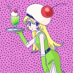 Rule 34 | 1girl, belt, black belt, black eyes, blonde hair, cherry, dress, drinking straw, elbow gloves, fingerless gloves, food, fruit, fujishima moyu, gloves, green dress, green gloves, hat, highres, ice cream, looking at viewer, original, parted lips, pink background, side slit, signature, sleeveless, sleeveless dress, solo, tray, white hat