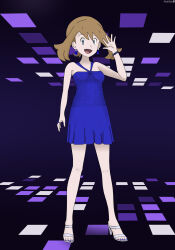 1girl arm_at_side armpit_crease bare_shoulders blue_dress blue_toenails bracelet breasts brown_hair dress earrings fankifalu feet female_focus full_body grey_eyes halterneck hand_up happy high_heel_sandals highres jewelry knees legs looking_at_viewer may_(pokemon_oras) medium_hair nail_polish neck nintendo no_bra open_mouth pendant pokemon pokemon_oras ponytail ring sandals short_dress short_ponytail sidelocks small_breasts standing swept_bangs thighs toenail_polish toenails toes waving