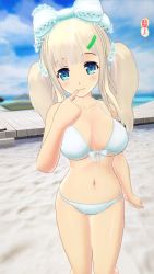 1girl 3d alternate_hairstyle bikini blonde_hair blue_eyes bow breasts cleavage hair_bow hair_ornament hairclip highres looking_at_viewer navel senran_kagura swimsuit twintails white_bikini yomi_(senran_kagura)