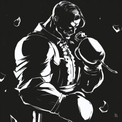 1boy bara billygarretsen black_hair bow bowtie boxing_gloves dark-skinned_male dark_skin dudley facial_hair falling_petals flower frilled_shirt frills gloves handlebar_mustache highres holding large_pectorals male_focus mature_male monochrome muscular muscular_male mustache no_eyebrows pectorals petals rose rose_petals shirt short_hair street_fighter street_fighter_iii_(series) undercut white_shirt