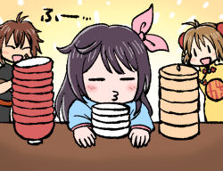 1boy 2girls :d ^_^ amamiya_sakura antenna_hair blue_kimono blush bowl brown_hair bun_cover chinese_clothes closed_eyes double_bun hair_bun hair_ribbon huang_yui japanese_clothes kimono long_hair multiple_girls o3o open_mouth pink_ribbon ribbon sakura_taisen saran_chiba shin_sakura_taisen short_hair smile table yang_xiaolong_(shin_sakura_taisen) yellow_background