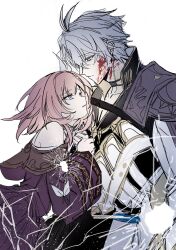 1boy 1girl ahoge armor blood blood_on_face blue_eyes broken_glass coat commentary_request cyrene_(honkai:_star_rail) glass highres honkai:_star_rail honkai_(series) ilsijeongj2213 korean_commentary looking_at_viewer pauldrons phainon_(honkai:_star_rail) pink_hair purple_coat short_hair shoulder_armor simple_background single_pauldron white_background white_coat white_hair
