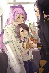 3girls black_hair black_jacket black_track_suit braid breasts brown_eyes brown_hair chikiso coat collared_shirt creatures_(company) cross_scar dendra_(pokemon) earrings fingerless_gloves flower_earrings food game_freak gloves green_eyes highres jacket jewelry juice_box juliana_(pokemon) lab_coat long_hair long_sleeves looking_at_another miriam_(pokemon) multicolored_hair multiple_girls necktie nintendo off-shoulder_sweater off_shoulder open_clothes open_coat open_mouth pink_hair pokemon pokemon_sv ponytail purple_hair purple_necktie purple_shorts sandwich scar scar_on_face scar_on_forehead school_nurse school_uniform shirt short_sleeves shorts standing streaked_hair sweater swept_bangs track_suit turtleneck turtleneck_jacket upper_body uva_academy_school_uniform white_coat white_shirt yellow_eyes yellow_gloves yellow_nails yellow_sweater
