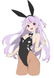 1girl :d animal_ears bare_shoulders black_bow black_hairband black_leotard bow bowtie breasts chuckeyeroll298 covered_navel cowboy_shot cropped_legs detached_collar earrings fake_animal_ears fishnets hairband highres jewelry leotard long_hair looking_at_viewer multicolored_hair one_side_up open_mouth original pantyhose playboy_bunny purple_eyes purple_hair rabbit_ears small_breasts smile solo strapless strapless_leotard two_side_up very_long_hair virtual_youtuber white_background wrist_cuffs