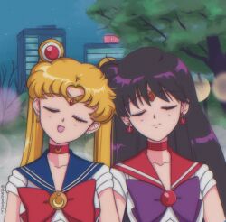 Rule 34 | 2girls, bishoujo senshi sailor moon, bishoujo senshi sailor moon (first season), blonde hair, blue sailor collar, bow, choker, city, closed eyes, earrings, heads together, highres, hino rei, jewelry, magical girl, moon earrings, multiple girls, night, night sky, open mouth, purple bow, purple hair, red bow, red choker, red sailor collar, retro artstyle, sailor collar, sailor mars, sailor moon, sky, smile, star (symbol), star earrings, stone umbrella, toei animation, tree, tsukino usagi