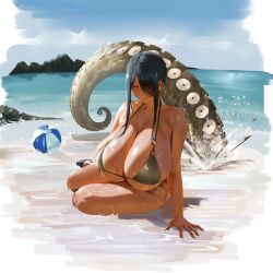 Rule 34 | 1girl, absurdres, armpit crease, ball, beach, beachball, bikini, bikini top only, black hair, black shoes, bottomless, breasts, cleavage, closed mouth, commentary, earrings, full body, gold bikini, hair over one eye, hand on ground, highres, huge breasts, island, jewelry, looking at viewer, medium hair, ocean, original, outdoors, red eyes, sand, seiza, shiny skin, shoes, sitting, sky, smile, solo, stud earrings, suction cups, swimsuit, tentacles, thighs, tnr (horiko1525), water, yokozuwari
