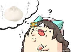 ? absurdres animal_ears steamed_bun beret bow braid brown_hair eating food goma_(gomasamune) hair_bow hair_ornament hat highres hokko_tarumae_(umamusume) holding horse_ears long_hair low_twintails multicolored_hair open_mouth simple_background solid_circle_eyes solo spoken_food star_(symbol) star_hair_ornament striped_bow translation_request twin_braids twintails twitter_username two-tone_hair umamusume upper_body white_background white_hair white_hat