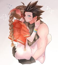 1boy 1girl 7_(milu577610) aerith_gainsborough bare_shoulders black_gloves black_hair blue_eyes blush bracelet braid braided_ponytail brown_hair carrying carrying_person commentary couple crisis_core_final_fantasy_vii cross_scar dress ear_blush facial_scar final_fantasy final_fantasy_vii final_fantasy_vii_rebirth final_fantasy_vii_remake flying_sweatdrops gloves gradient_hair hair_ribbon hand_blush hand_on_another&#039;s_ass highres jacket jewelry leg_lock long_hair looking_at_viewer multicolored_hair pink_dress pink_ribbon ponytail rabbit red_jacket ribbon scar scar_on_cheek scar_on_face short_sleeves sleeveless sleeveless_turtleneck spiked_hair sweatdrop sweater symbol-only_commentary turtleneck turtleneck_sweater wolf zack_fair