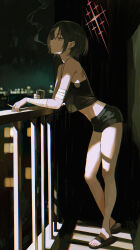 1girl absurdres bandaid bandaid_on_arm bare_shoulders black_camisole black_hair black_sandals black_shorts blue_archive camisole cigarette fence from_side full_body halo highres holding holding_cigarette iron_fence leaning_forward maria_(maria_rose) midriff misaki_(blue_archive) navel red_eyes red_halo sandals short_hair shorts smoke smoke_trail smoking solo standing