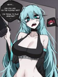 1girl ace_glitch alternate_hairstyle aqua_eyes aqua_hair bare_shoulders black_choker black_nails black_sleeves black_sports_bra breasts choker cleavage clothes_writing collarbone commentary constricted_pupils detached_sleeves english_commentary english_text hair_between_eyes hand_up handheld_game_console hatsune_miku highres holding holding_handheld_game_console kasane_teto large_breasts long_hair looking_at_viewer messy_hair navel open_mouth panties sharp_teeth solo speech_bubble sports_bra teeth torso underwear utau very_long_hair vocaloid white_panties