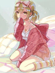 Rule 34 | 1girl, aubrey (kyarairo), azusawa kohane, bare shoulders, blonde hair, cardigan, commentary request, crescent, crescent necklace, dress, foot out of frame, hairband, hand up, highres, jewelry, long sleeves, looking at viewer, medium hair, necklace, off shoulder, on bed, open cardigan, open clothes, project sekai, red cardigan, red hairband, sitting, sleeveless, sleeveless dress, sleeves past fingers, sleeves past wrists, socks, solo, striped clothes, striped socks, twintails, wariza, white dress, white socks, yellow eyes