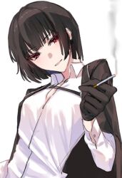 1girl black_gloves black_hair bob_cut breasts cigarette collared_shirt diramaruo gloves head_tilt holding holding_cigarette jacket jacket_on_shoulders limbus_company long_sleeves looking_at_viewer open_mouth project_moon red_eyes ryoshu_(project_moon) shirt short_hair simple_background small_breasts smile smoke solo white_background white_shirt