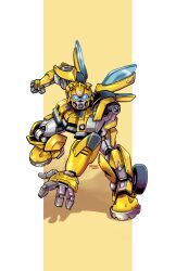 absurdres ashley_artly blue_eyes bumblebee_(transformers) clenched_hand commentary english_commentary glowing glowing_eyes highres looking_at_viewer mecha no_humans open_hand robot running science_fiction shadow solo transformers transformers:_rise_of_the_beasts transformers_(live_action) wheel