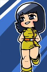 Rule 34 | 1girl, aeug, arms behind back, bare shoulders, belt, bkub, black eyes, black hair, blue background, blush, boots, breasts, chibi, chibi only, dress, fa yuiry, full body, grin, gundam, highres, leg up, light blush, looking to the side, military uniform, miniskirt, orange belt, outline, parted lips, science fiction, short dress, short hair, skirt, sleeveless, sleeveless dress, smile, solo, standing, standing on one leg, vest, white outline, yellow boots, yellow dress, zeta gundam