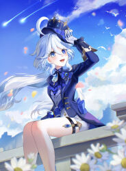 1girl :d absurdres ahoge arm_up ascot blue_ascot blue_eyes blue_gemstone blue_hair blue_jacket blue_sky blurry blurry_foreground blush day floating_hair flower furina_(genshin_impact) gem genshin_impact gloves grey_shorts grey_vest hair_between_eyes hair_intakes heterochromia highres jacket long_hair long_sleeves mismatched_pupils open_mouth outdoors short_shorts shorts sky smile solo symbol-shaped_pupils thigh_strap turyee0322 very_long_hair vest white_flower white_gloves white_hair