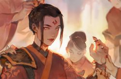 1girl avatar:_the_last_airbender avatar_legends azula black_hair eyelashes eyeliner eyeshadow facepaint facial_mark fingernails forehead_mark highres lips lipstick makeup nail_polish orange_eyes pale_skin red_eyeliner red_eyeshadow red_nails sharp_fingernails smile velinxi
