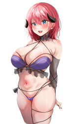 1girl :d areola_slip bikini black_horns black_sleeves blue_eyes breasts commentary_request detached_sleeves highres horns large_breasts looking_at_viewer micro_bikini open_mouth original pink_hair purple_bikini pussy pussy_peek simple_background smile solo standing swimsuit teeth thighs tongue upper_teeth_only white_background yuzuki_tsuzuru