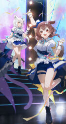 3girls :3 :d absurdres ahoge animal_ear_fluff animal_ears aqua_bow aqua_bowtie aqua_eyes arm_up back_bow blue_corset blue_shorts blue_skirt blue_socks bone_hair_ornament boots bow bowtie braid breasts brown_eyes brown_hair cartoon_bone cat_tail closed_mouth collared_shirt commentary concert confetti corset dog_ears dog_girl dog_tail double-parted_bangs extra_ears feet_up fox_ears fox_girl fox_tail frilled_skirt frills gold_trim hair_between_eyes hair_bow hair_ornament hair_ribbon hairclip hand_up hat high_heel_boots high_heels highres hololive hololive_idol_uniform_(bright) idol idol_clothes inugami_korone isolatediev jacket large_bow layered_skirt long_hair looking_at_viewer low_ponytail low_twin_braids mini_hat mini_top_hat miniskirt multiple_girls nekomata_okayu open_mouth outstretched_arm overskirt pentagram ponytail puffy_short_sleeves puffy_sleeves ribbon sash shirakami_fubuki shirt short_sleeves shorts skirt smile socks stage standing standing_on_one_leg tail teeth thigh_strap tiara tilted_headwear top_hat twin_braids underboob upper_teeth_only virtual_youtuber waist_bow white_hair white_hat white_jacket white_shirt white_skirt wrist_cuffs
