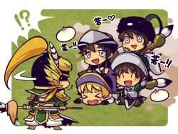 !? &gt;_&lt; 5boys ^_^ steamed_bun blonde_hair border calligraphy_brush chibi chibi_only clone closed_eyes facial_hair food goatee_stubble green_background grey_eyes helmet holding holding_polearm holding_weapon kotorai looking_at_another looking_back ma_chao ma_dai multiple_boys open_mouth oversized_object paintbrush polearm ponytail shaded_face shin_sangoku_musou sidelocks signature standing stubble sweatdrop triangle_mouth waving weapon white_border