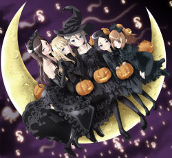 Rule 34 | 5girls, ange (princess principal), bare shoulders, beatrice (princess principal), black bow, black dress, black footwear, black hairband, black headwear, black legwear, blonde hair, blue eyes, bow, braid, brown eyes, brown hair, crescent moon, dorothy (princess principal), dress, elbow gloves, food-themed hair ornament, frilled dress, frills, gloves, gothic lolita, hair between eyes, hair bow, hair ornament, hairband, halloween, hat, jack-o&#039;-lantern, lolita fashion, long hair, long sleeves, looking at viewer, moon, multiple girls, night, night sky, on crescent, pantyhose, parted bangs, princess (princess principal), princess principal, pumpkin hair ornament, purple eyes, short hair, silver hair, sitting, sky, taniguchi gou, toudou chise, witch hat