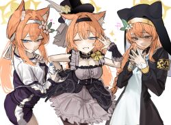 1girl absurdres animal_ear_fluff animal_ears black_choker black_hairband black_hat black_jacket black_pantyhose black_veil blue_archive blue_jacket blue_neckerchief blue_shorts blush bottle breasts cat_ears cat_girl choker cleavage closed_mouth dress flower grey_dress grin hair_between_eyes hair_flower hair_ornament hairband hand_on_own_hip hat highres holding holding_bottle jacket long_hair low_ponytail mari_(blue_archive) mari_(idol)_(blue_archive) mari_(track)_(blue_archive) neckerchief nun official_alternate_costume official_alternate_hairstyle one_eye_closed orange_hair pantyhose ponytail ribbon sakana_(whhy8883) shaded_face shorts sidelocks sleeveless sleeveless_dress smile solo steepled_fingers veil w water_bottle white_dress white_flower white_hairband wrist_cuffs yellow_flower yellow_ribbon