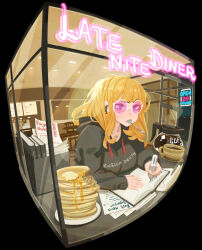 Rule 34 | 1girl, black background, blonde hair, book, coffee, coffee mug, coffee pot, commentary, cup, diner, earbuds, earphones, english commentary, english text, fisheye, food, glass, highres, indoors, jewelry, kingdom death, lokman lam, mug, necklace, neon lights, pancake, pancake stack, paper, pen, sitting, solo, spoon, sunglasses, table, upper body, utensil in mouth, window