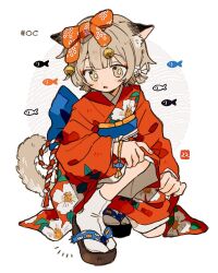 1girl animal animal_ears blush bow brown_hair chinese_zodiac dog_ears dog_girl dog_tail flower full_body hair_bow hair_ornament highres japanese_clothes kimono long_sleeves original red_bow red_kimono socks solo tail wide_sleeves zettai_22