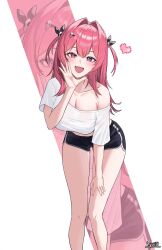 1girl alternate_costume artist_name bare_legs black_shorts breasts cleavage commentary_request dolphin_shorts fang feet_on_table goddess_of_victory:_nikke hair_intakes hair_ornament heart highres hyuiil365 korean_commentary large_breasts leaning_forward legs long_hair mast_(nikke) open_mouth pink_hair shirt shorts skin_fang skull_hair_ornament solo white_shirt zoom_layer