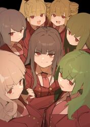 6+girls absurdres asmodeus_(umineko) beelzebub_(umineko) belphegor_(umineko) black_background black_hair blazer blonde_hair blunt_bangs brown_hair buttons collared_shirt commentary_request crossed_arms double-breasted drill_hair drooling fang from_above green_hair highres jacket leviathan_(umineko) long_hair looking_at_viewer lucifer_(umineko) mammon_(umineko) motaing multiple_girls necktie ponytail red_eyes red_jacket red_necktie satan_(umineko) shirt skin_fang smile stakes_of_purgatory twintails umineko_no_naku_koro_ni white_hair white_shirt
